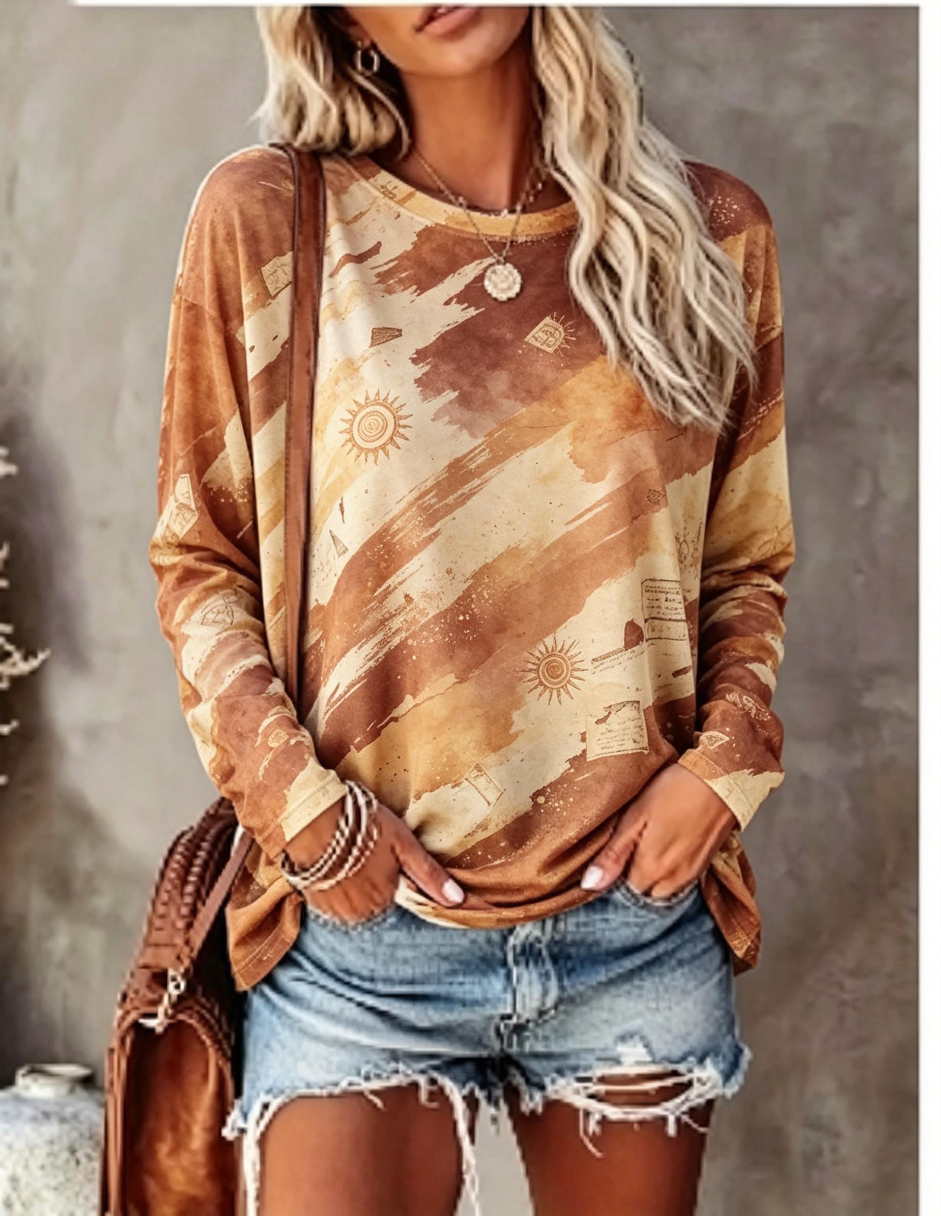 Tie Dye Shirt Vintage - Damen Langarm-T-Shirt, Boho-Vintage, Sonnen-Gesicht, Pinselstrich, Batik-Print,
