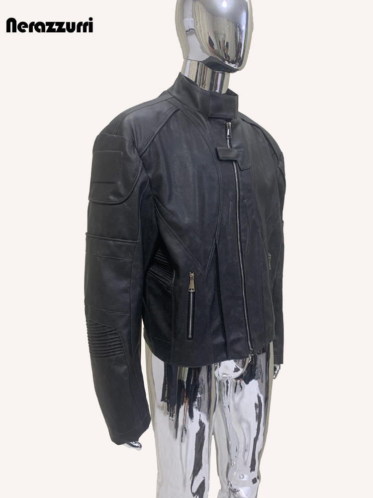 Vintage Fashion Runway - Nerazzurri Herbst Kurze Distressed Schwarze PU-Leder