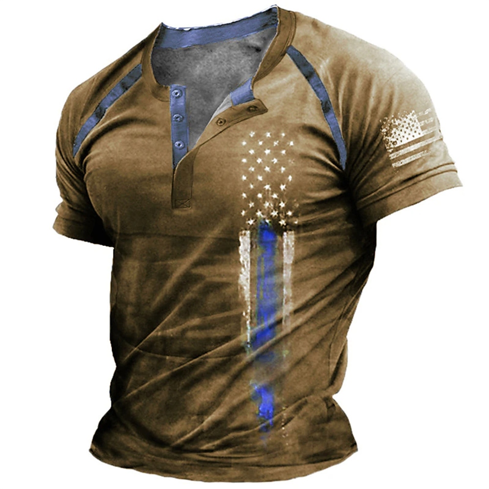 Vintage Fashion Mens - Lustiges 3D-amerikanische-Flaggen-Print Herren-Henley-Shirt, modisches Henley-Kragen-Kurzarmshirt, Sommer-Streetwear,