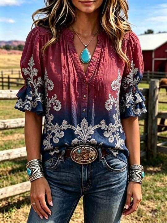 Tie Dye Shirt Vintage - Damen Western Tie-Dye Farbverlauf Bluse V-Ausschnitt