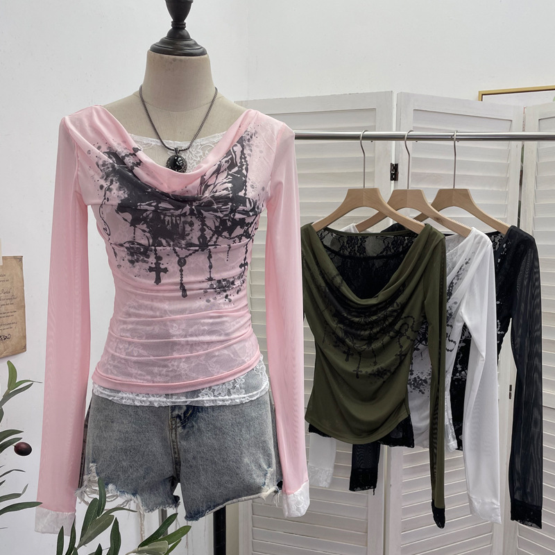 Tie Dye Shirt Vintage - Frauen Casual Spitze Spleißen Mesh Lange-ärmeln