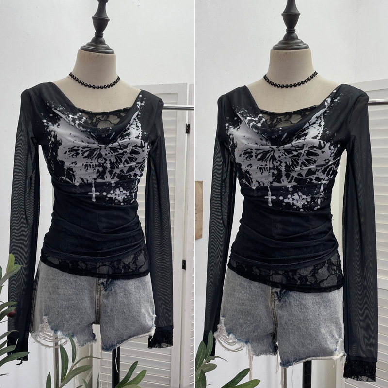 Frauen Casual Spitze Spleißen  – Tie Dye Shirt Vintage Bewertung und Preis